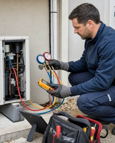 Technicien en climatisation contr?lant une installation avec ses instruments de mesure
