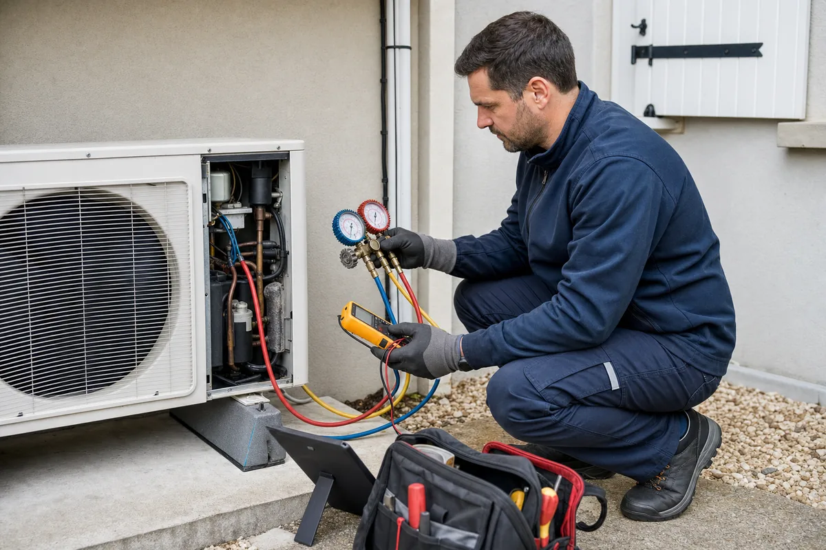Technicien en climatisation contr?lant une installation avec ses instruments de mesure