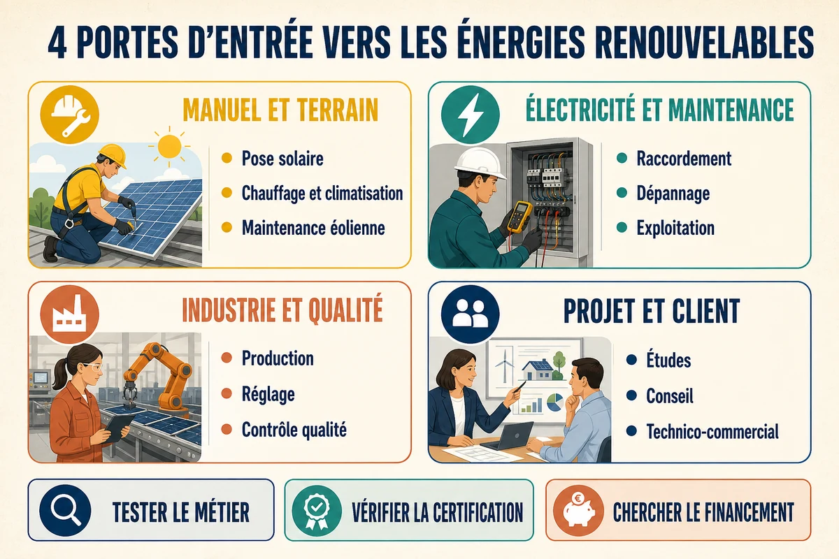 Quatre portes d’entrée vers les métiers des énergies renouvelables selon son profil