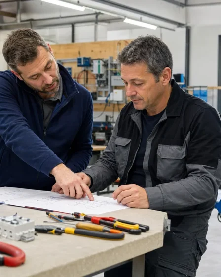Deux professionnels étudient un plan dans un atelier de formation aux métiers du photovoltaïque