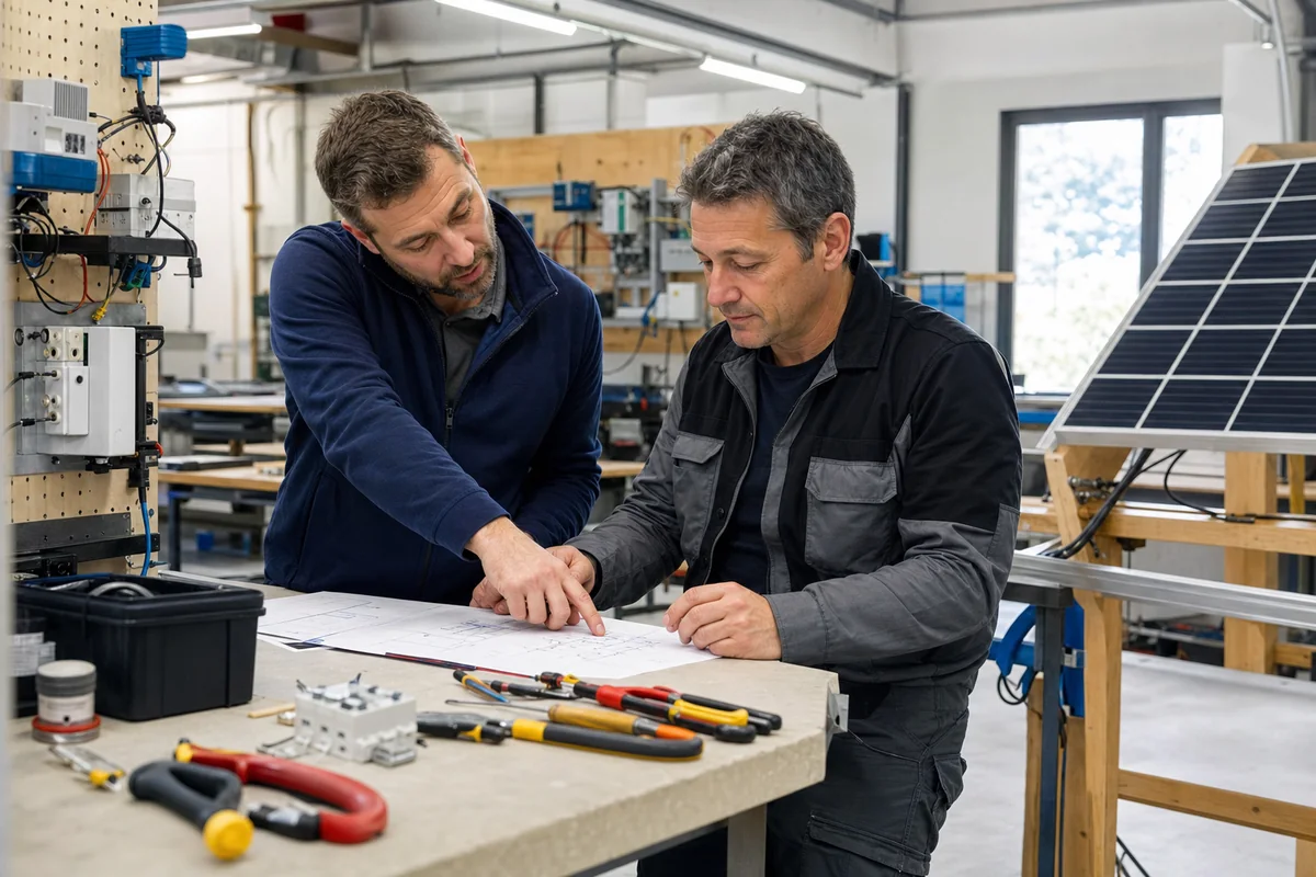 Deux professionnels étudient un plan dans un atelier de formation aux métiers du photovoltaïque