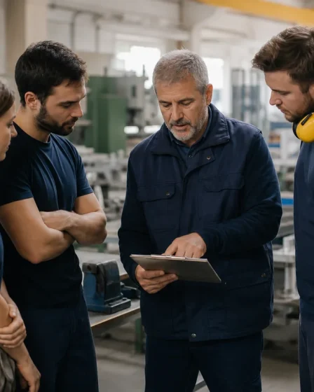 Responsable QSE échangeant avec une équipe dans une PME industrielle