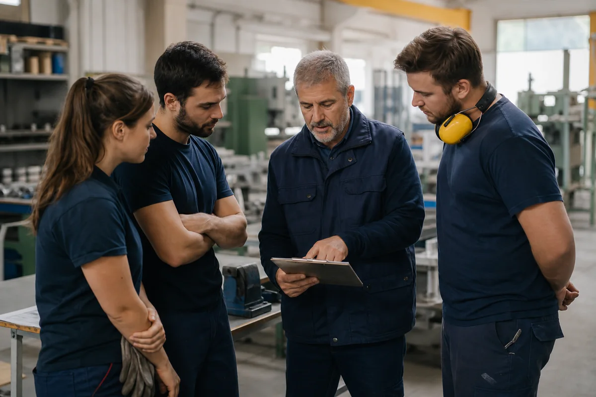 Responsable QSE échangeant avec une équipe dans une PME industrielle