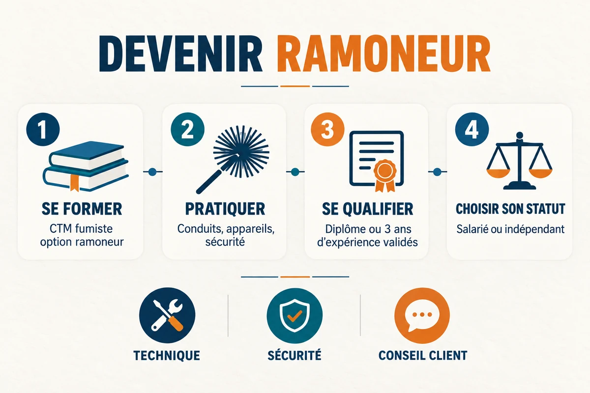 Parcours en quatre étapes pour devenir ramoneur, de la formation au choix du statut