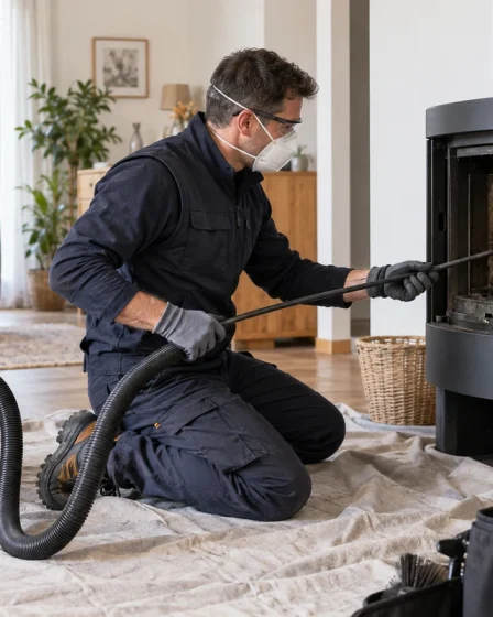 Ramoneur professionnel nettoyant un poêle à bois avec une canne et un aspirateur adapté