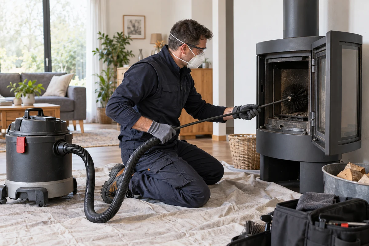 Ramoneur professionnel nettoyant un poêle à bois avec une canne et un aspirateur adapté